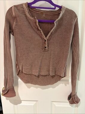 Free People Dusty Mauve Waffle Henley with Ruffle Trim